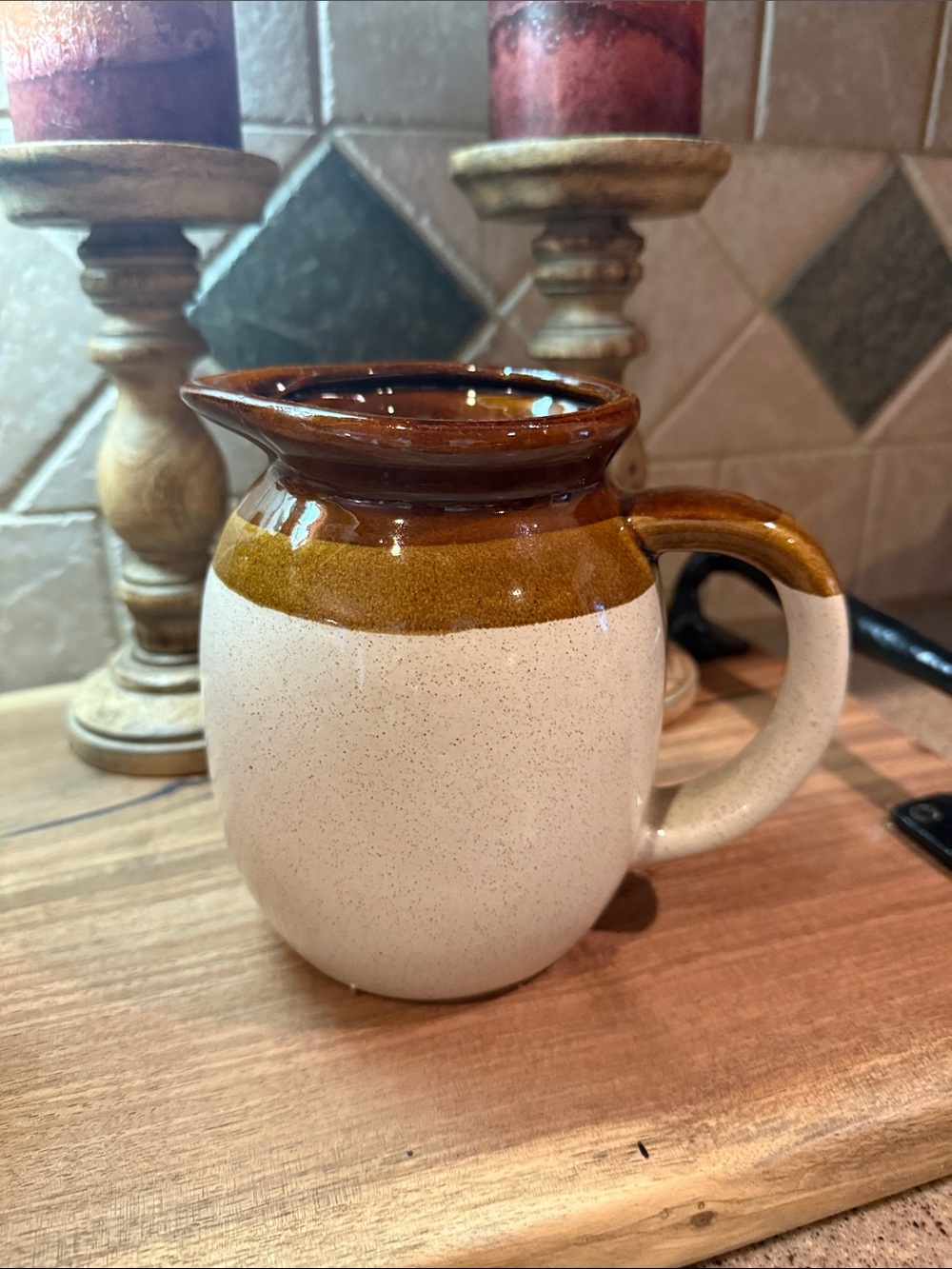 Mccoy Two-Tone Cream and Brown Glazed Stoneware Pitcher
